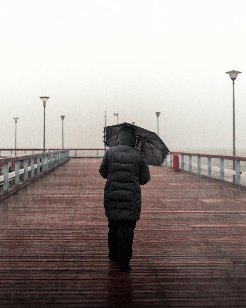 person wearing black jacket and black pants holding umbrella walking on boardwalk